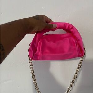 Stuart Weitzman- The Moda Mini Tote (Pink Satin Mini Bag with Gold Chain)